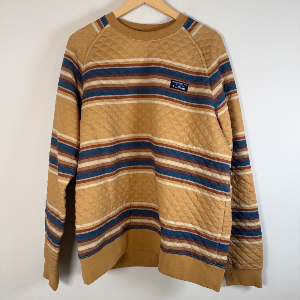 LL Bean Quilted Crew Neck Sweatshirt Large Regular Striped Gorpcore Pullover Top